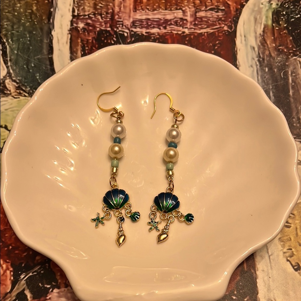 Bohemian Blue and Gold Dangle Earrings with Cascading Beads